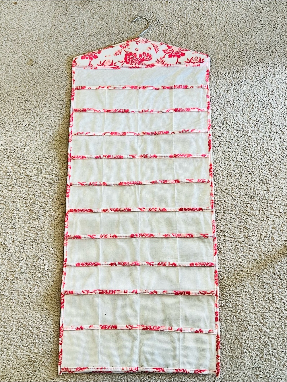 Hanging Pink Floral Trim Jewelry Organizer with Clear Pockets